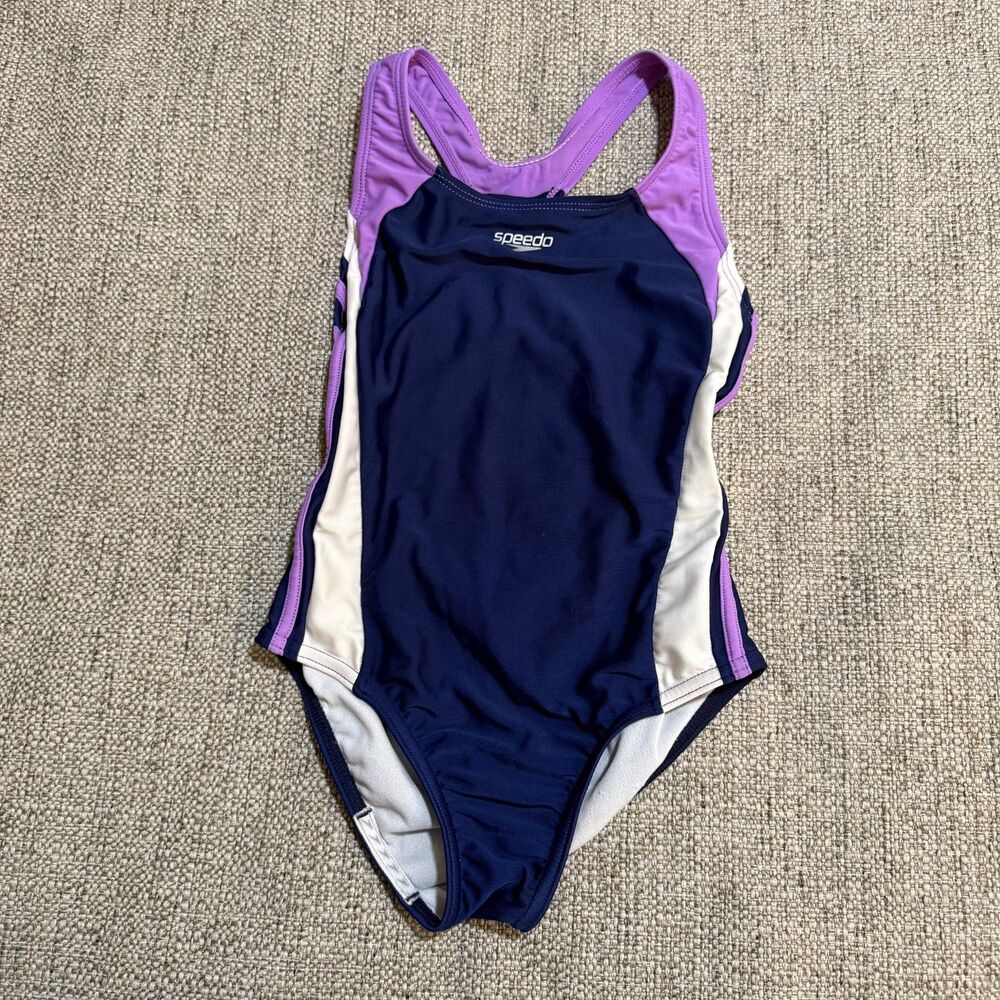 Speedo Girls Infinity Splice One Piece Swimsuit Navy Blue Purple White 8